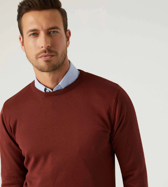 Regular Fit Kiremit Tüylenme Yapmayan Bisiklet Yaka Pamuklu Triko Kazak