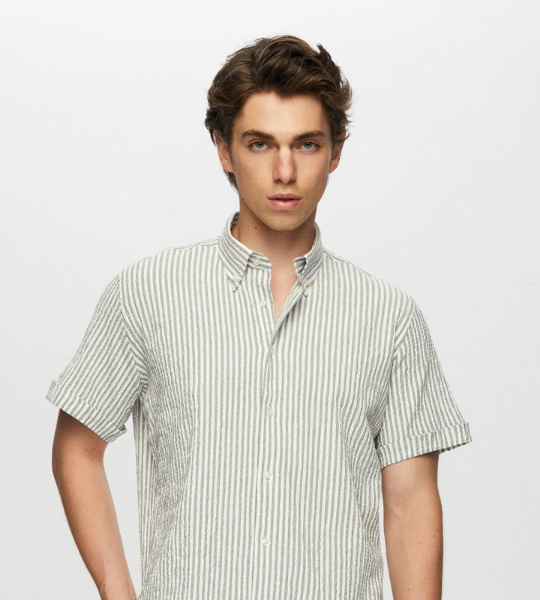 Damat Slim Fit Yeşil Gofre Kısa Kollu Gömlek