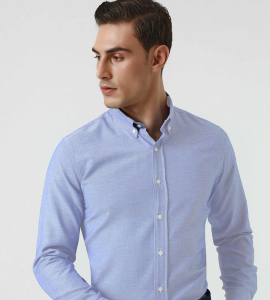 Slim Fit Mavi Armürlü Düğmeli Yaka Pamuklu Gömlek