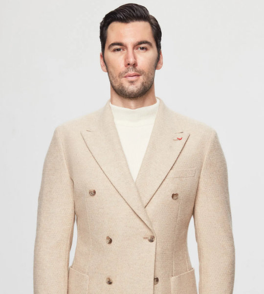 Slim Fit Bej Örme Çift Yırtmaçlı Yünlü Kruvaze Kumaş Ceket