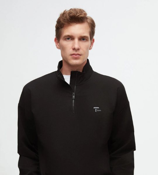 Oversize Siyah Düz Yarım Fermuarlı Pamuklu Mevsimlik Sweatshirt